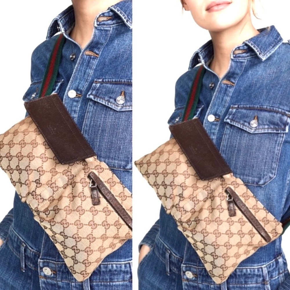 Gucci Beige GG Supreme Dual-Pocket Crossbody with Green and Red Web Strap - Picture 12 of 13